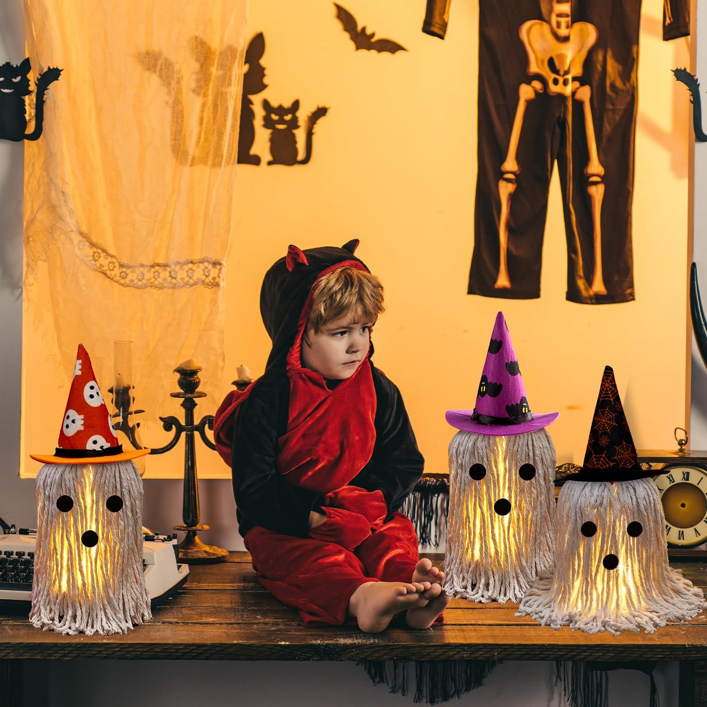 Halloween Ghost Decoration Indoor 3 Pack Light Up Standing Spooky Ghosts with Witch Hats, Halloween Table Decor Cute Ghost Boo Kitchen Tabletop Party Decor and Holiday Decorations