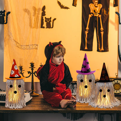 Halloween Ghost Decoration Indoor 3 Pack Light Up Standing Spooky Ghosts with Witch Hats, Halloween Table Decor Cute Ghost Boo Kitchen Tabletop Party Decor and Holiday Decorations
