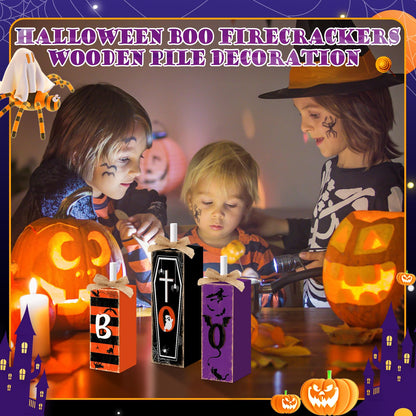 3 Pcs Boo Halloween Sign Wooden Tiered Tray Decor, Witch Black Cat Cross Coffin Table Decor 3D Carving Craft Halloween Decorations Party Tabletop Centerpieces for Home Kitchen Indoor Mantel