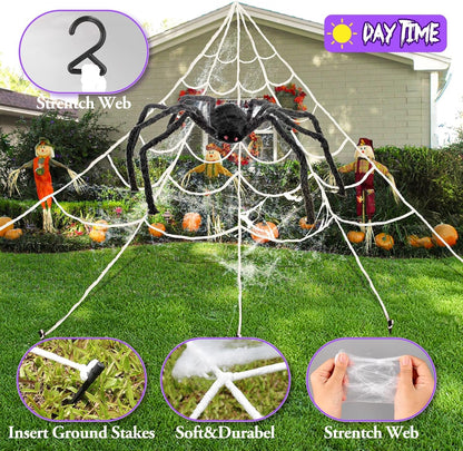 Halloween Spider Web Lights Outdoor Decorations 16.4x18.4FT 280 LED Giant Spider Web with 79" Large Spider Lighted Web with Purple Orange Lights 8 Modes Timer Waterproof for Yard Haunted Mansion Decor