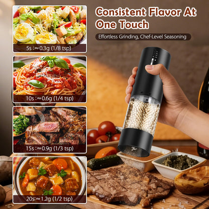 Hxro Electric Salt and Pepper Grinder, 120ml Capacity, 4 Level Timer, Salt and Pepper Mill with LED, USB Rechargeable, Adjustable Coarseness Grinder for Kitchen (2, Black&White Set)