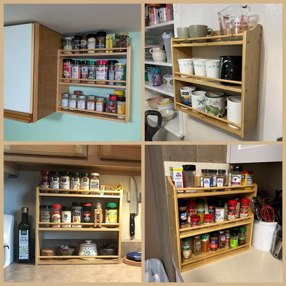 FoverOne 3 Tier Bamboo Spice Rack, Seasoning Jars Rack Shelf Spice Organizer for Kitchen Counter or Wall Mounting