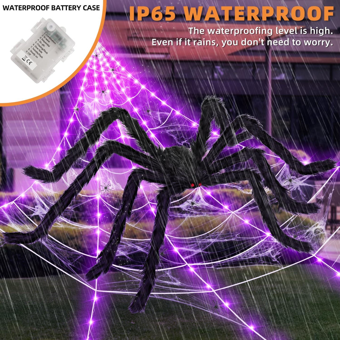 Kendane Halloween Decorations Outdoor and Indoor,250 LED Halloween Spider Web Light Decorations with 59" Giant Spider & 20g Stretch Cobweb,200" Large Light Up Spider Web for Yard(Purple)