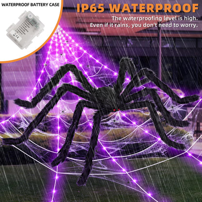 Kendane Halloween Decorations Outdoor and Indoor,250 LED Halloween Spider Web Light Decorations with 59" Giant Spider & 20g Stretch Cobweb,200" Large Light Up Spider Web for Yard(Purple)