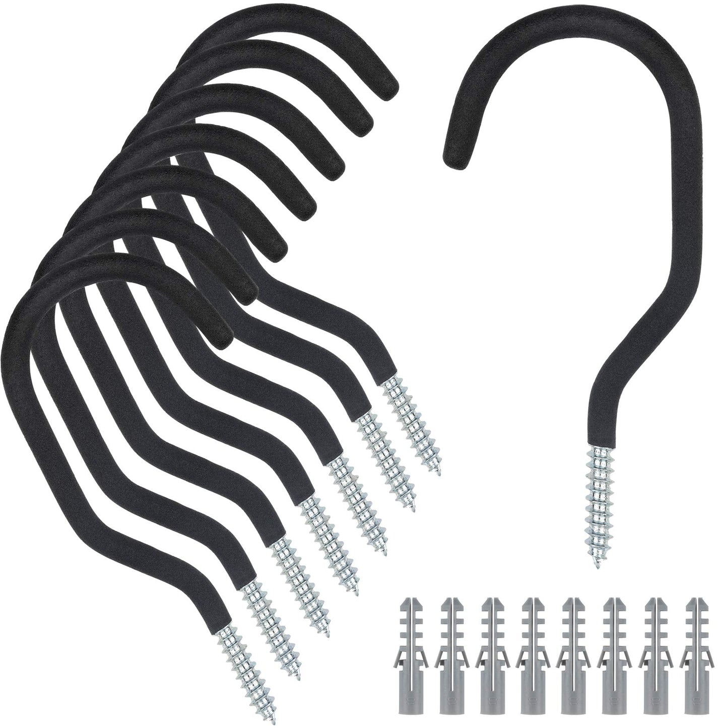 KURUI Large Heavy Duty Screw Hooks for Hanging Plants, Outdoor String Lights, Bike, 8 Pack Ceiling Hooks for Garage Organization and Storage, Black No Drill Wall Hangers