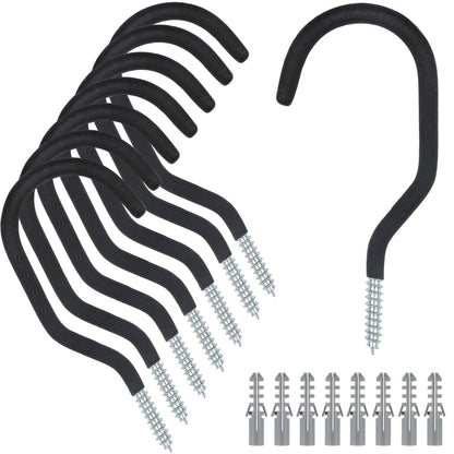 KURUI Large Heavy Duty Screw Hooks for Hanging Plants, Outdoor String Lights, Bike, 8 Pack Ceiling Hooks for Garage Organization and Storage, Black No Drill Wall Hangers