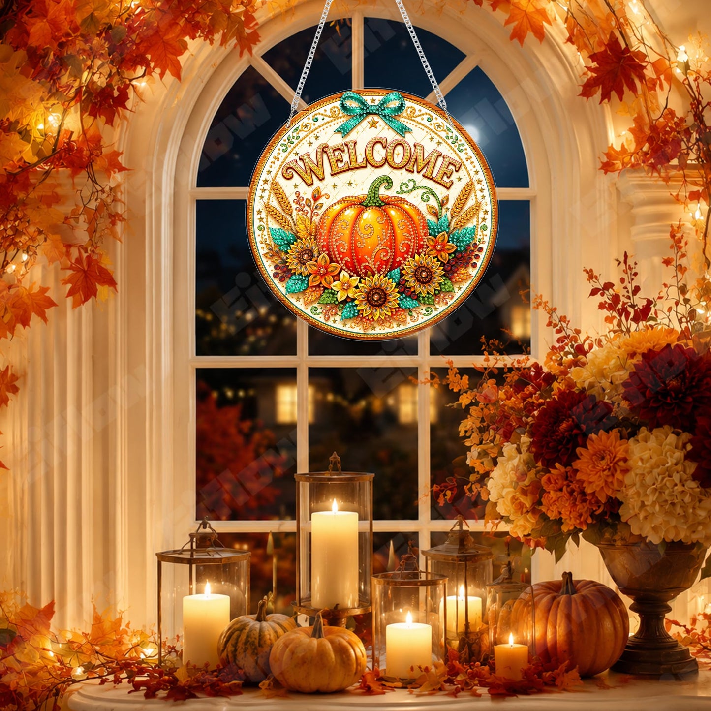 Eiflow Hanging Diamond Art Pumpkin Kit for Adults Fall DIY Acrylic Diamonds Craft Painting Ornament Kit Welcome Sign, Special Crystal Diamond Art Painting Window Wall Door Hanging Pendant