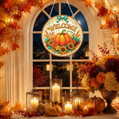 Eiflow Hanging Diamond Art Pumpkin Kit for Adults Fall DIY Acrylic Diamonds Craft Painting Ornament Kit Welcome Sign, Special Crystal Diamond Art Painting Window Wall Door Hanging Pendant