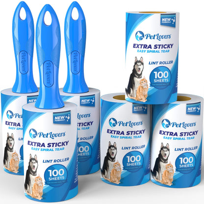 PetLovers Extra Sticky Lint Roller Mega Value Set 600 Sheets for Pet Hair Removal, Dog and Cat Lint Remover 6 Pack