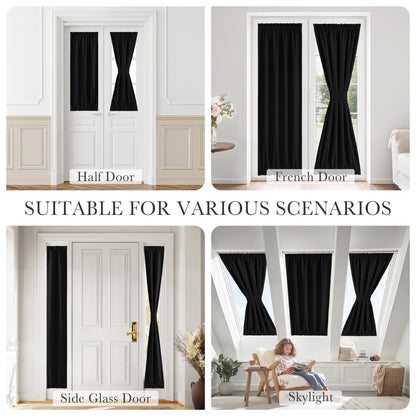 PONY DANCE Black Back Door Curtains for Door Window, 100% Blackout Dual Rod Pocket Privacy French Curtain for Kitchen, Thermal Insulated Small Window Drapes for Classroom, W25 x L40, 1 Panel