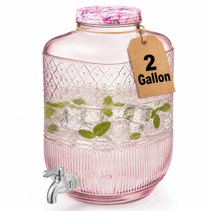 Godinger Drink Dispenser 2 Gallon, Large Glass Water Dispenser - (256oz) Blush