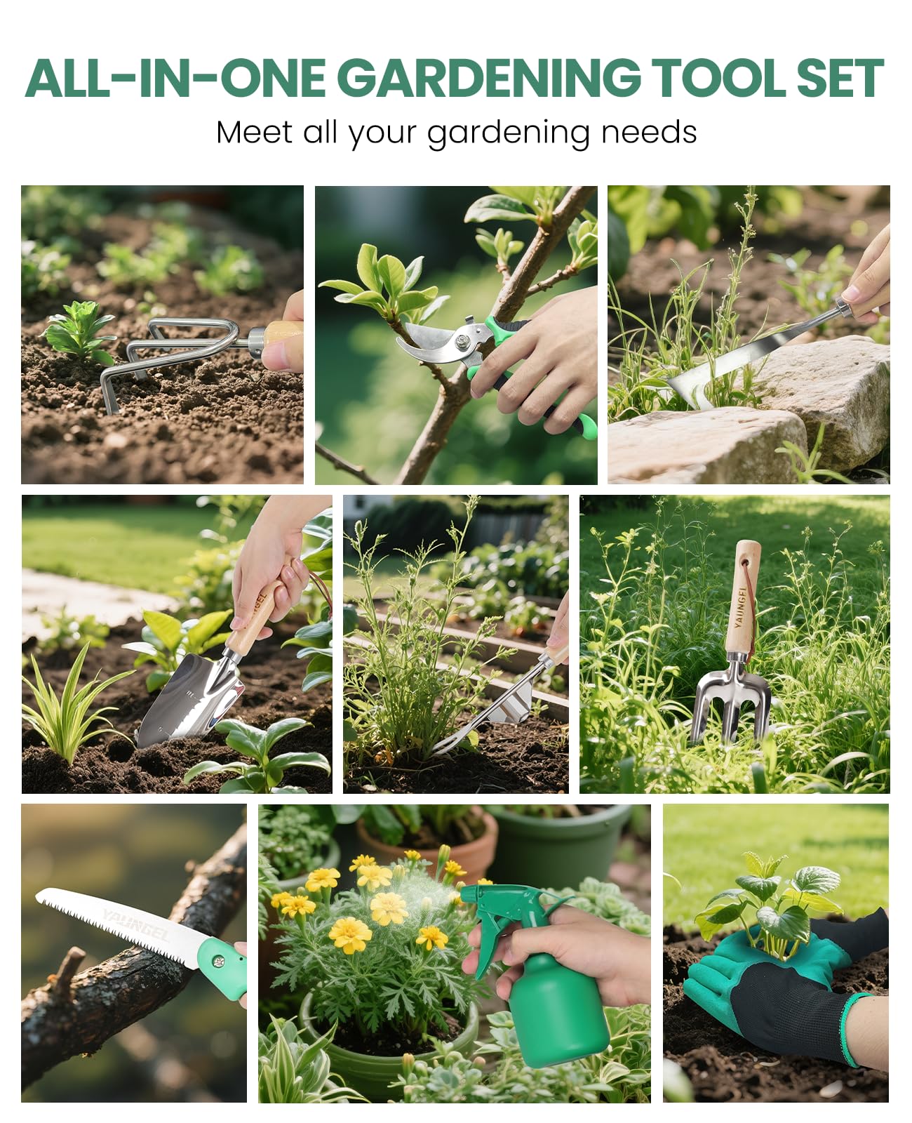 Gardening Tools - 10 Piece Heavy Duty Gardening Hand Tools Stainless Steel Garden Tools with Wooden Handle, Storage Garden Bag, Gardening Gifts for Women and Men