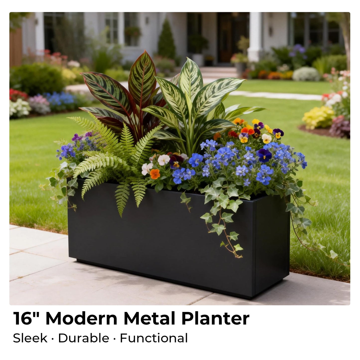 Worth Metal Rectangular Planter Box, 36"x12"x16" Matte Black Planter with Insert Shelf & Drainage Holes, Low Profile Plant Box for Patio, Garden, Deck, Easy to Install