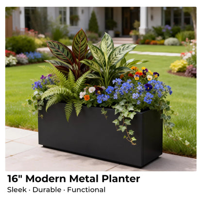 Worth Metal Rectangular Planter Box, 36"x12"x16" Matte Black Planter with Insert Shelf & Drainage Holes, Low Profile Plant Box for Patio, Garden, Deck, Easy to Install