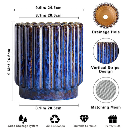 Ceramicfor Ceramic Planter - 9.6 Inch Ceramic Plant Pots Indoor Outdoor, Round Flower Pots with Drainage Hole, Large Fluted Modern Planter, Room Home Bedroom Decor, Plant Lover Gifts, Blue