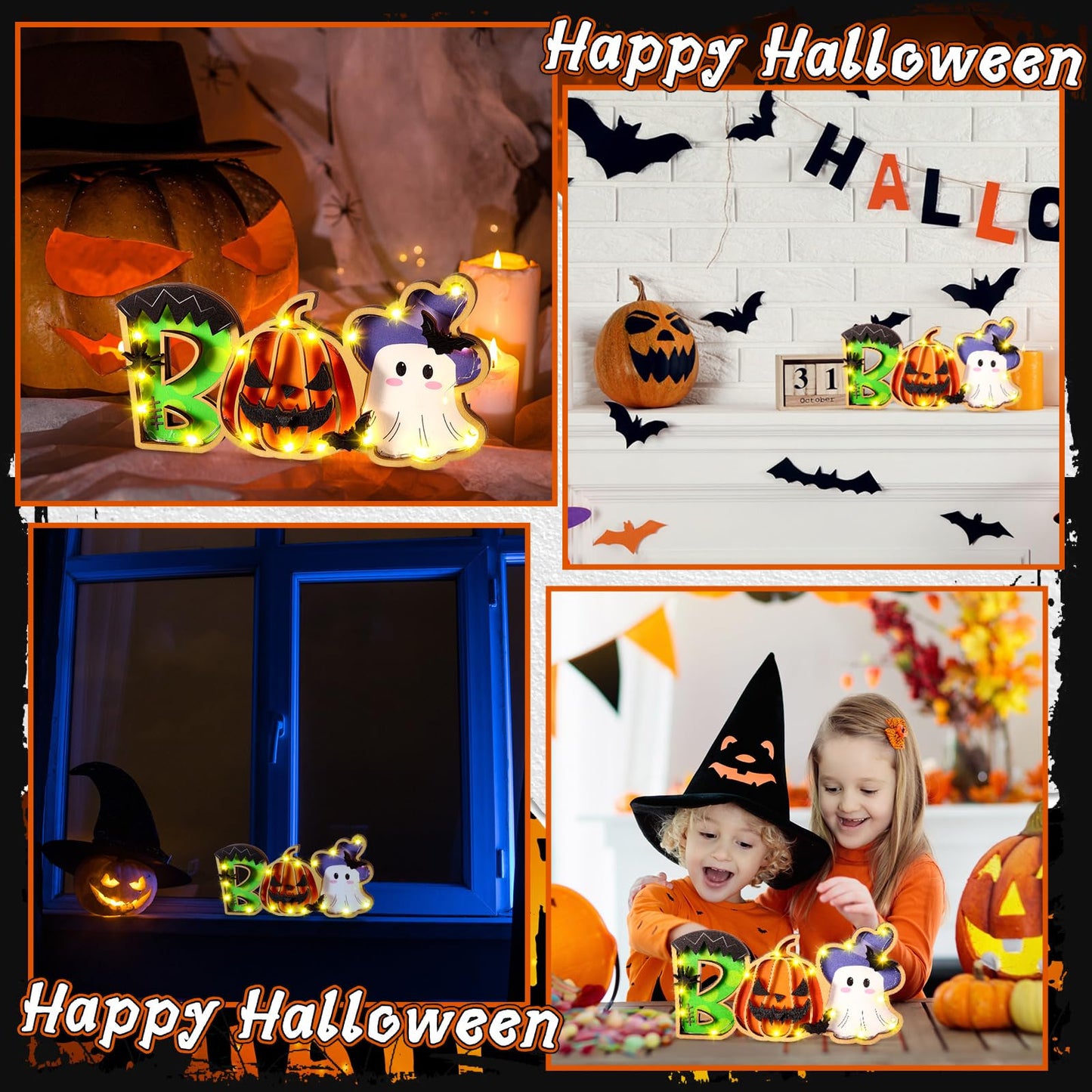 Burbell Lighted Halloween Table Decor Boo Sign Decorative Pumpkin Ghost Table Centerpiece Battery Operated Halloween Table Decor for Home Living Room Trick or Treat Halloween Decorations 5 x 10 Inches