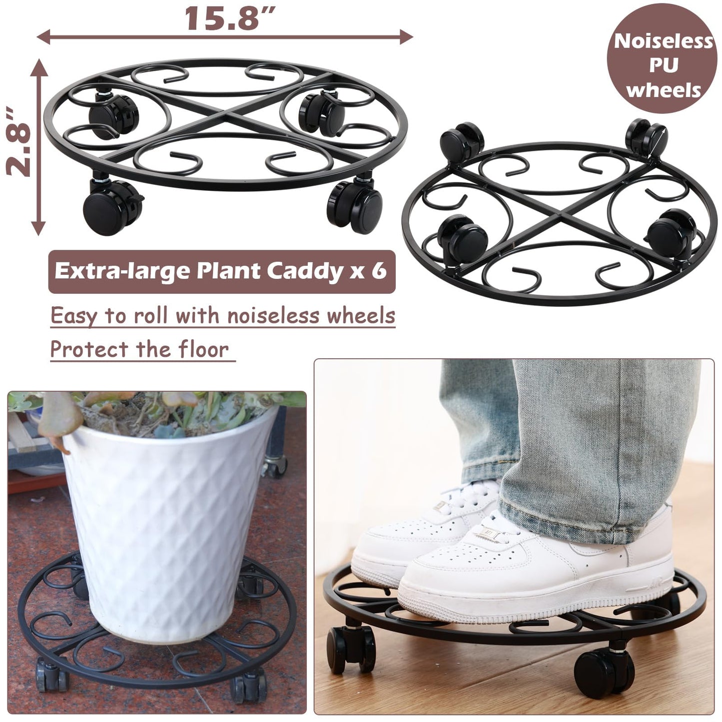 6-pack 15.8 inches Extra-large Metal Plant Caddy with Wheels Rolling Plant Stands Wheeled Plant Dolly Coasters Heavy-duty Pot Mover Roller Base Indoor Outdoor Garden Planter Trolley Cart, Black
