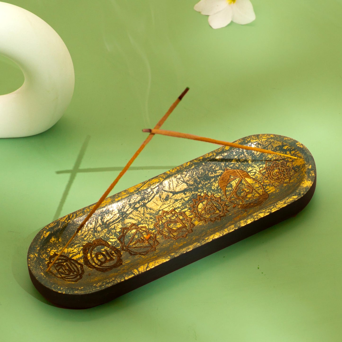 UnitedPrime Hand Carved Incense Holder-Incense Burner/Ash Catcher/Handmade Wooden Insence Tray – Modern Gift Home/Room/Seven Chakra Blue Gold Kitchen Décor Size 11x4x1.5 Inches