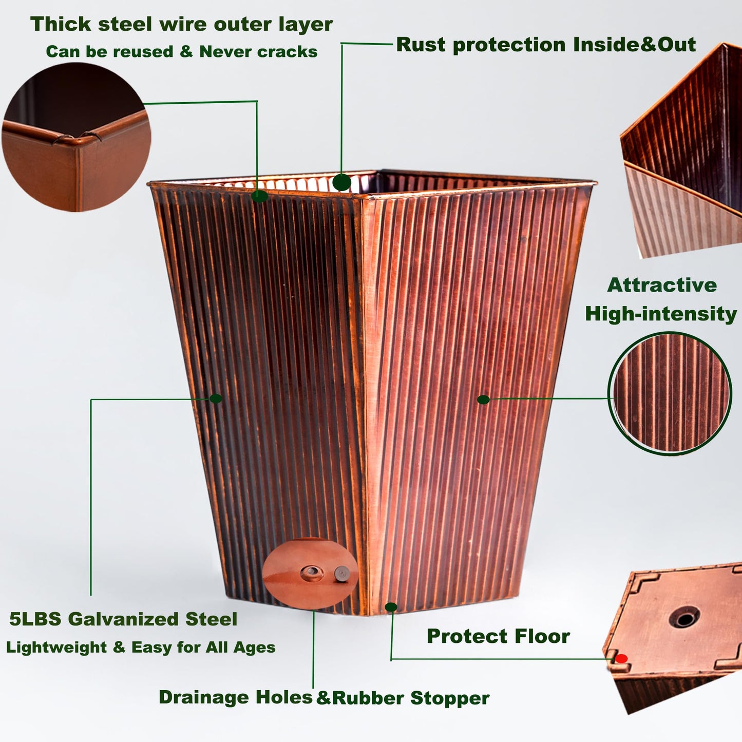 Ultiteque18 H x13 Dia Large Copper Metal Planter Set of 2, Tall Square Tapered Steel Flower pots for Indoor Plants, Indoor Plant Pots Lightweight for Apartment Office, Planter Pots with Drainage&Plug