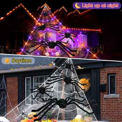 Kenburg 23Ft Light Up Spider Web Halloween Decorations Outdoor, 180 Orange and Purple LED Giant Web, 24 Spiders & 60g Stretch Cobweb Decor, 8 Modes Scary Lights for Outdoor Yard