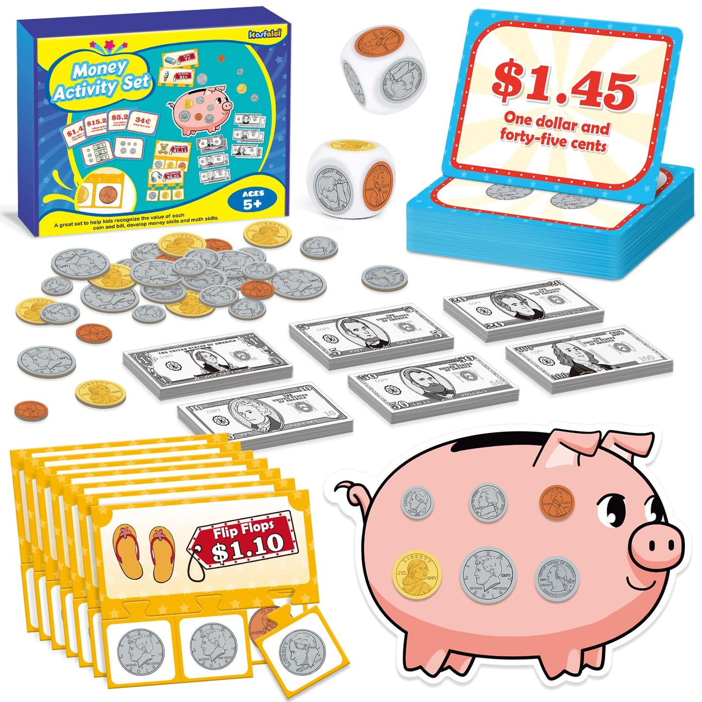 Kasfalci 140 PCS Money for Kids for Learning, Math Manipulatives, Learning & Education Toys for Classroom, Pretend Play, Math Games for Toddler, Teacher and Homeschool Supplies