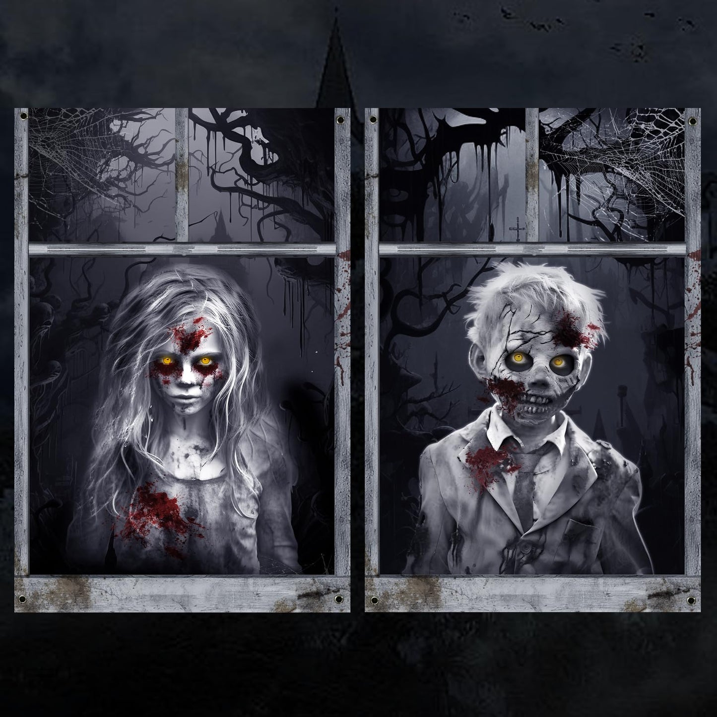 Recailly Halloween Ghost Curtains Decorations, 2 Pack, Window Silhouettes, Horror Little Girl and Boy Window Cover Indoor Decor（Kids Ghost）
