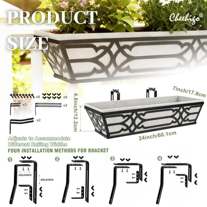 Railing Planter Box, Window Planter Box 24 Inch 2 Pack, Metal Hanging Flower Boxes with Non-Woven Fabric Liner, Adjustable Brackets for Deck Railing, Fence, Balcony, and Porch, Black