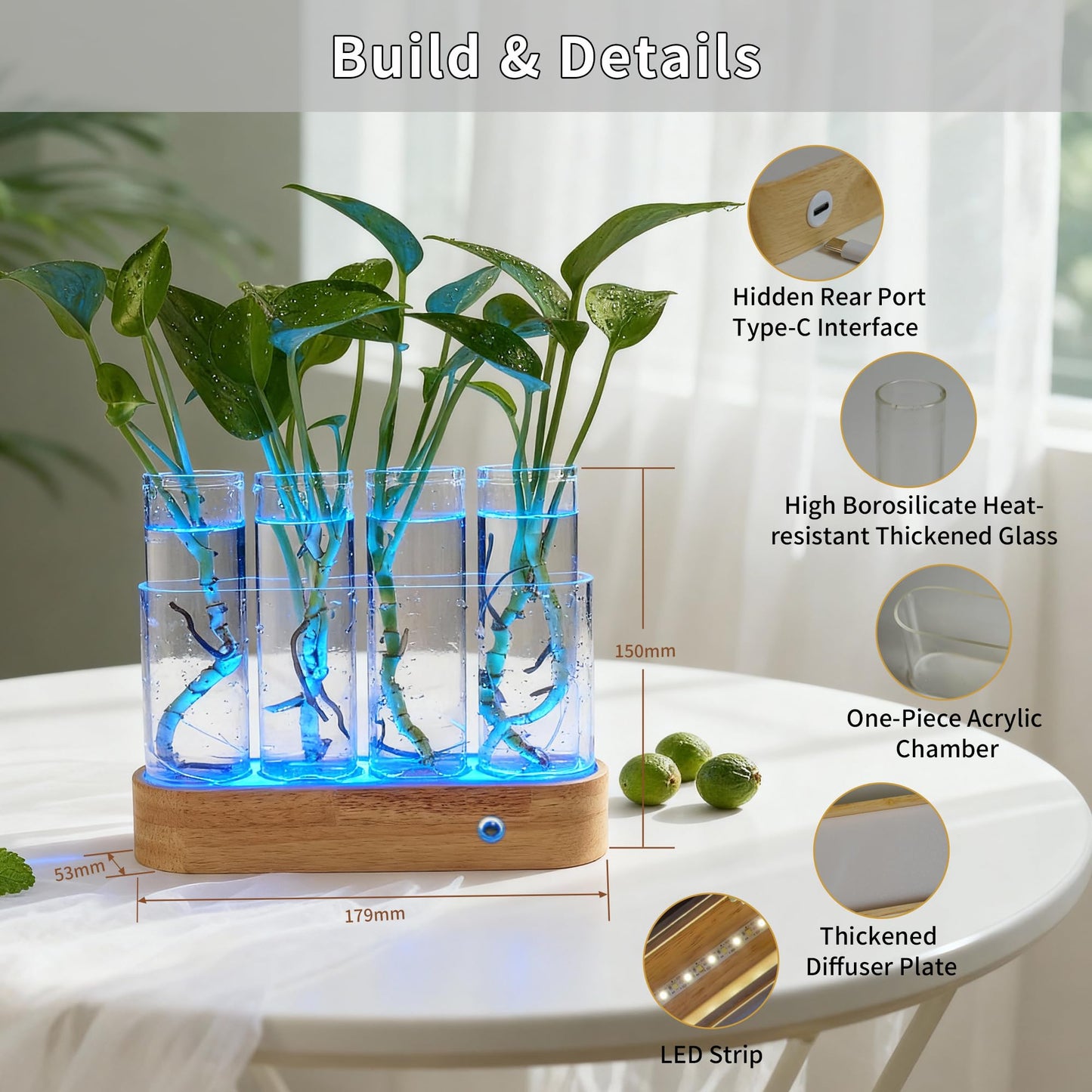 Plant Propagation Station with RGB Lights, Wooden Stand, 4 Glass Test Tubes for Hydroponic Plants, 9 Lighting Modes, Unique Gift for Plant Lovers