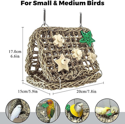 Seagrass Handwoven Bird Bed for Cage, DIY Parakeet Nest & Climbing Ladder, Breathable Bird Hammock Tent with Chewable Toys, Cozy Parrot Sleeping Hut for Small Medium Birds Like budgies Lovebirds