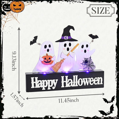 Valery Madelyn Halloween Decorations with Purple LED Lights, Lighted Halloween Ghost Decor, Tabletop Sign with Witch Hat Broom Bats Jack O Lantern for Home Party Indoor, 12 Inch