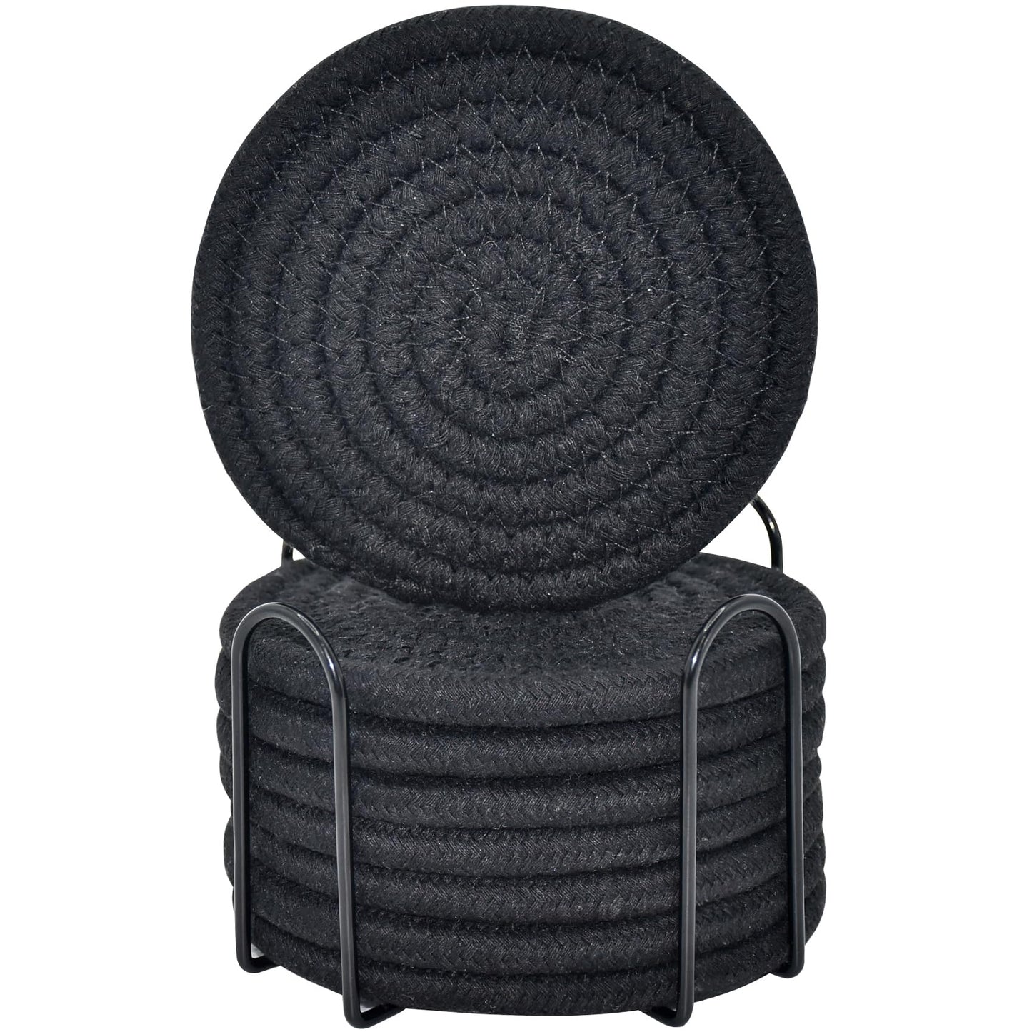 ABenkle 8 Pcs Drink Coasters with Holder, Cotton Woven Absorbent Coasters for Drinks, Minimalist Home Decor Coaster Set for Wooden Tabletop Protection Table, 4.3 inches