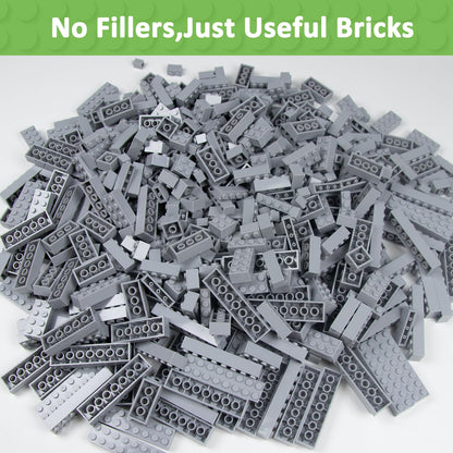 Cabeeskii 560 Pieces Gray Classic Building Blocks Bulk with 2 Base Plates, Building Bricks in 7 Size, Compatible with All Major Bricks, for Kids & MOC Lovers