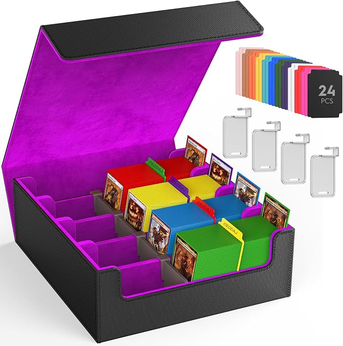 Trading Card Storage Box, 3200+ MTG Card Storage, 4 Row TCG Card Organizer Box with 24 Colorful Dividers and 4 Stands, PKM Bulk Storage, Deck Case Holder Fits for YuGiOh, Game Cards (Black & Purple)