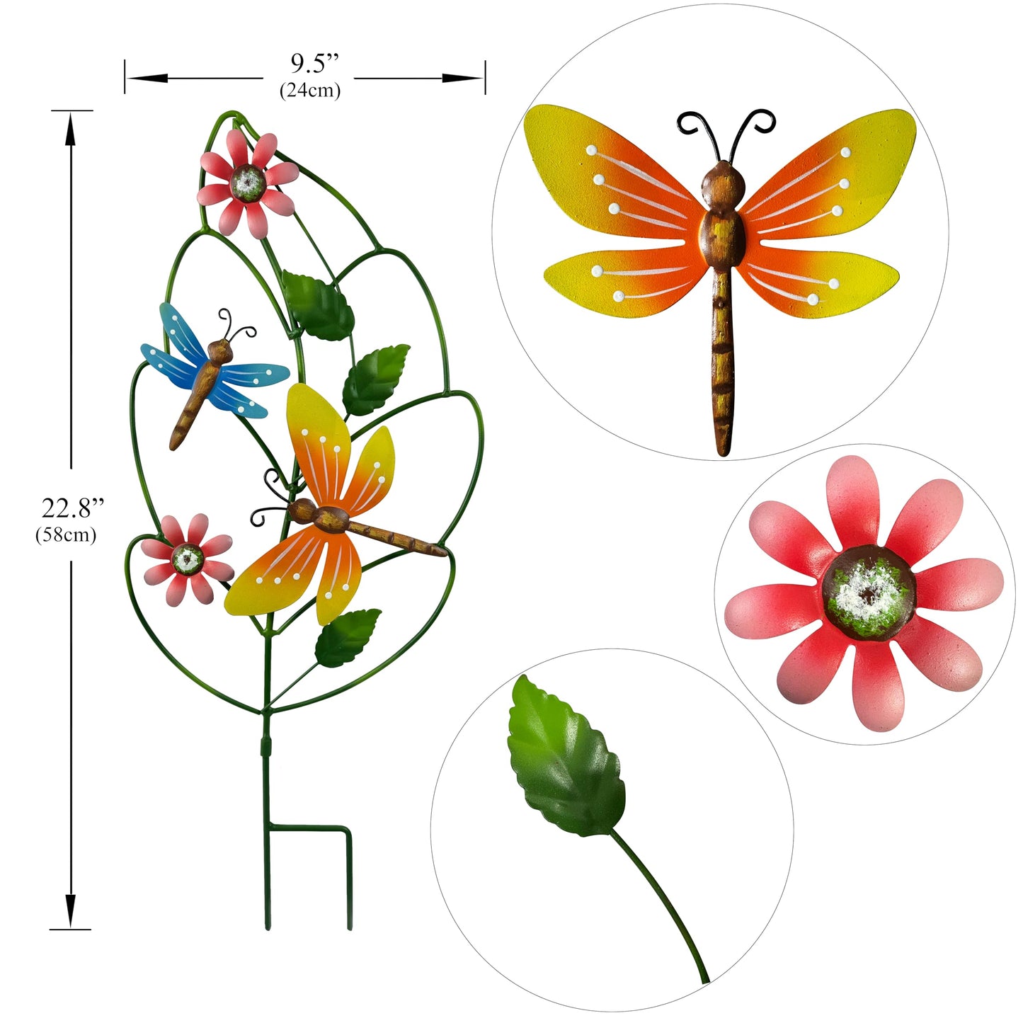 Metal Garden Stakes Set of 3 - Leaf Shaped Plant Support with Butterfly, Dragonfly & Ladybug, Whimsical Yard Art Garden Decorations for Outdoor Lawn Patio Pathway