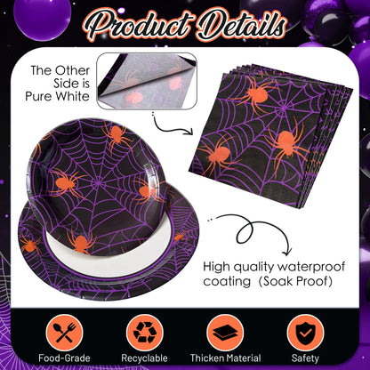 Watch Me Fly 75pcs Spider Party Supplies - Disposable Spider Web Paper Plates & Napkins (25pcs 9" & 7" Plates, 25pcs Napkins) for Birthdays, Halloween, Birthday, and Parties Decoration