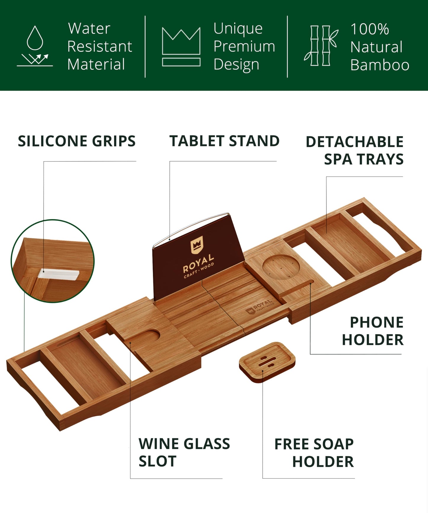 ROYAL CRAFT WOOD Premium Foldable Bathtub Tray Caddy - Wood Bath Tray for Tub, Bamboo Shelf, Expandable Bath Table Trays, Bathtub & Bathroom Accessories for New Home & Mothers, Birthday Gifts for Mom