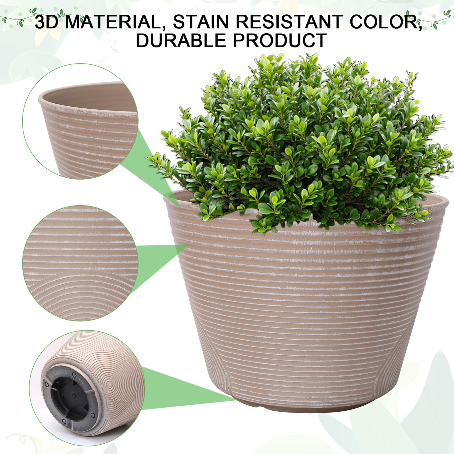 WEICHENGXING 15 inch Plant Pots, 3 Pack Large Round Planters for Outdoor Plants, Porch, Patio, Backyard, Plastic Flower Pots, Classic Garden Pot Container for House, Grey