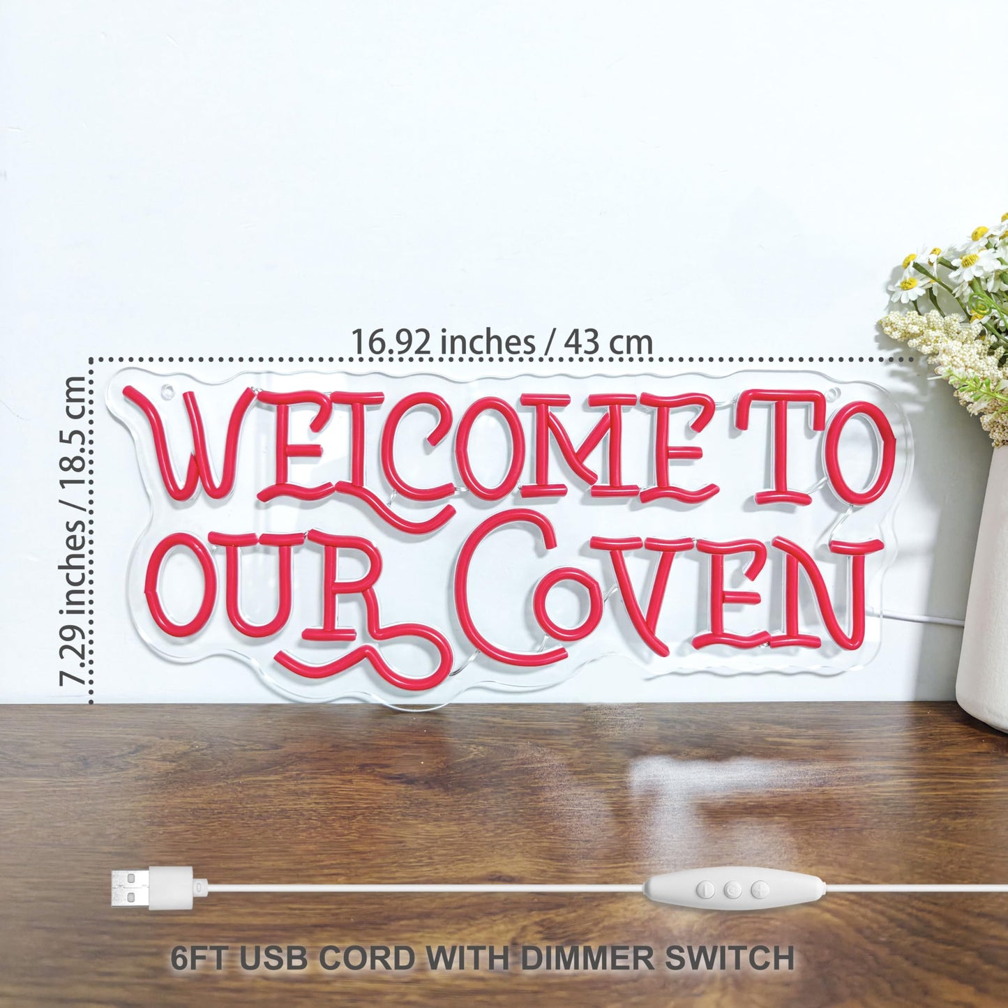 Welcome to Our Coven Red Neon Sign Witchy Room Decor Gothic Aesthetic Light Mystical Gift USB Powered with Dimmer for Bedroom Home Party Wall Decor