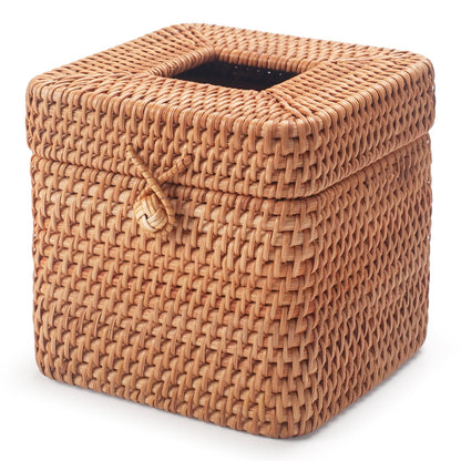 Rattan Tissue Box Cover Natural Woven Facial Napkin Holder Square with Lid 5.7 x 5.7 x 5.5 Inch (Natural)