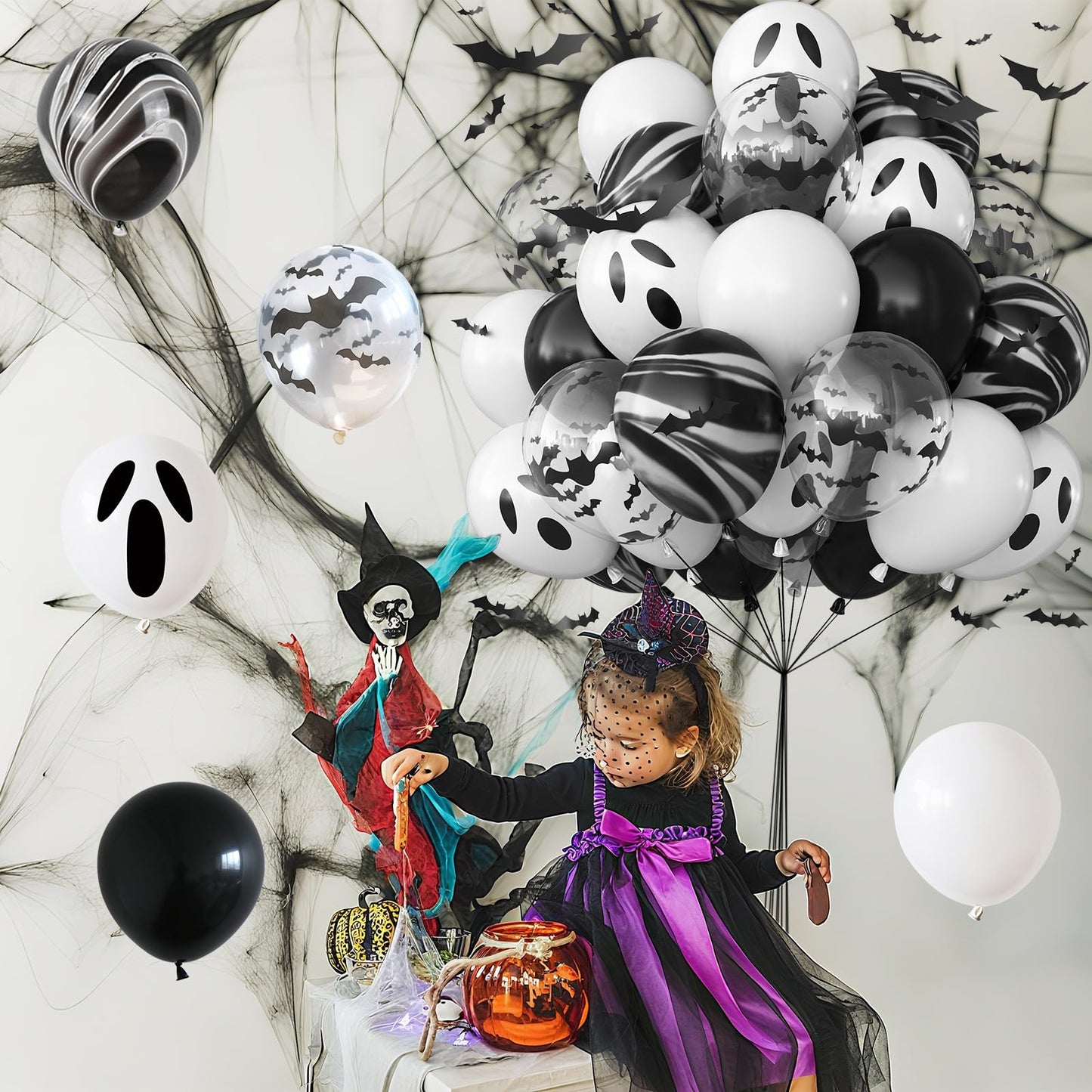 Froova Halloween Balloons Black and White Balloons with 3D Bat Stickers Bat Print Balloon and Black Marble White Ghost Balloon for Happy Halloween Skull Skeleton Spooky Birthday Horror Party Decor