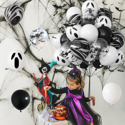Froova Halloween Balloons Black and White Balloons with 3D Bat Stickers Bat Print Balloon and Black Marble White Ghost Balloon for Happy Halloween Skull Skeleton Spooky Birthday Horror Party Decor