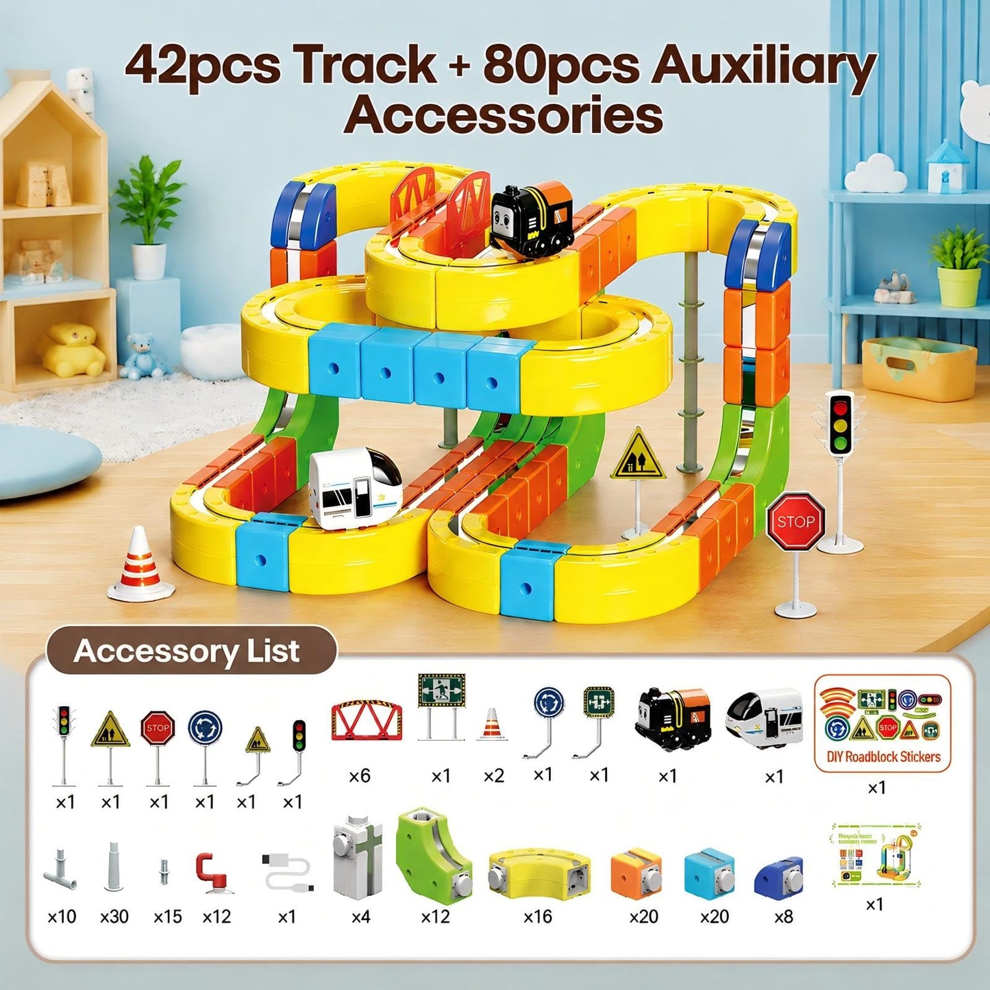 Upgrade Magnetic Train Set for Kids with 2 Rechargeable Trains, 105PCS Gravity-Defying Race Track, Safer Magnetic STEM Building Toy with Vertical Climb & Upside-Down Tracks for Boys Girls Ages 3-12