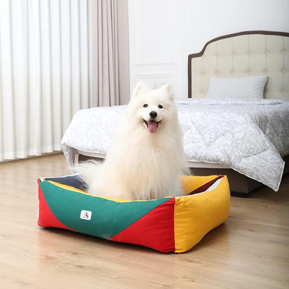 Cotton Canvas Dog Bed, Dog Beds Large Sized Dog, Orthopedic Bed with Washable Removable Cover, Durable 290 GSM Cotton Anti-chewing Pet Bed with Anti-Slip Bottom (38"x30"x12", Red&Yellow&Green)
