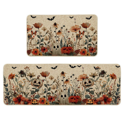 Artoid Mode Ghost Jack-O'-Lantern Pumpkin Flowers Halloween Kitchen Mats Set of 2, Low-Profile Home Decor Kitchen Rugs for Floor - 17x29 and 17x47 Inch