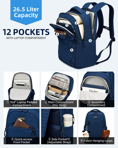 HanTrip Travel Laptop Backpack for Women Men, 18 Inch Large Work Backpack for Commuter College School Book Bags, Water Resistant Backpack with Luggage Strap Water Bottle Pocket Chest Strap, Navy Blue