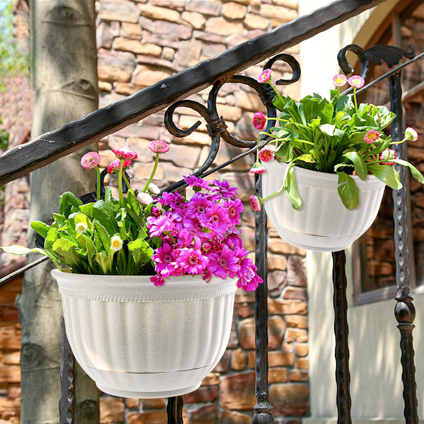 T4U Resin Wall Hanging Planter Marble Gray Set of 4, Wall Mounted Garden Plant Flower Pot Basket Container Indoor Outdoor Use for Orchid Herb Succulent Cactus Home Office Porch Decoration Gift