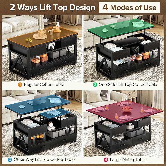 Memobarco 40" Lift Top Coffee Table,4 in 1 Multi-Function Lift Coffee Tables with Storage Drawers and Hidden Compartmen,Farmhouse Coffee Table with Lifting top for Living Room,Black
