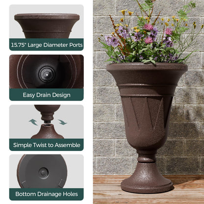Trygoal 23.6" Tall Plastic Urn Planters for Outdoor Plants, Set of 2 Heavy-Duty Classic Indoor Large Flower Pots with Drainage Holes & Trophy Design, Outdoor Planters for Porch, Home Garden, Brown