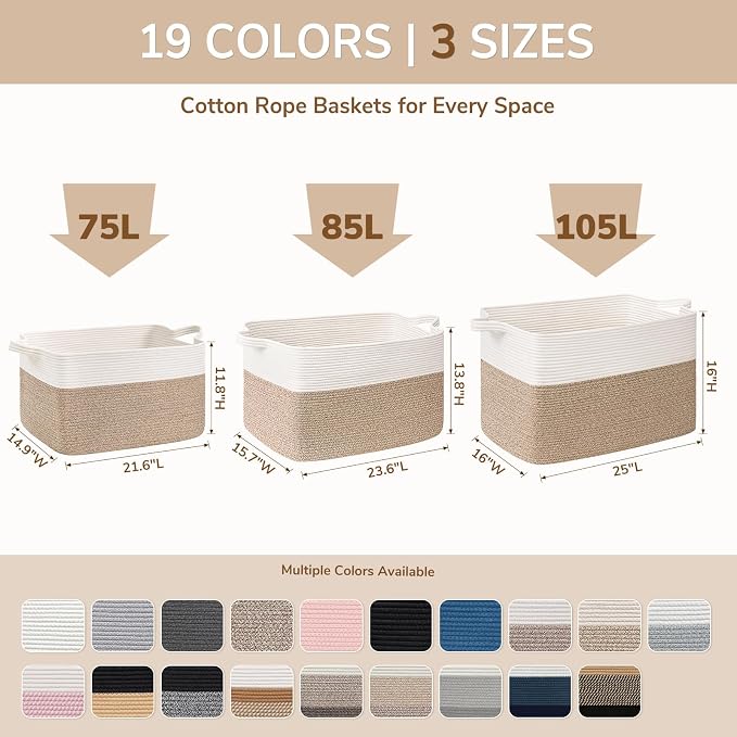Goodpick 85L Large Woven Basket 23.6" x 15.7" x 13.8" Cotton Rope Storage Organizer for Blankets Dirty Clothes, Rectangle Toy Storage Basket for Nursery Home Decor, Brown