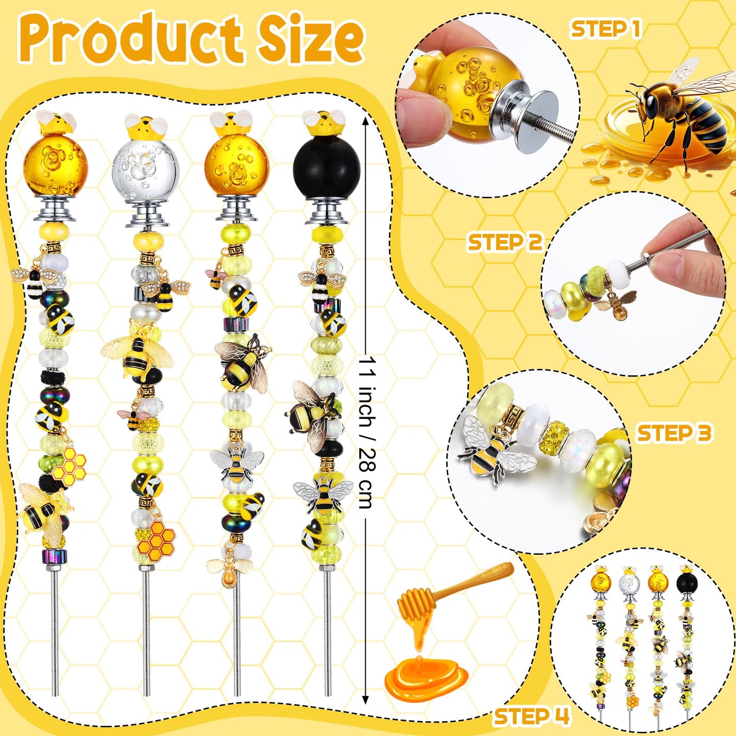 Lineshading 118 Pcs Bee Garden Stakes Wand DIY Beaded Stakes Garden Decor Includes 4 Crystal Stopper Top 10 Bee Pendant 68 Large Hole Beads 4 Threaded Rods 4 Pcs Nuts, for Craft Supply